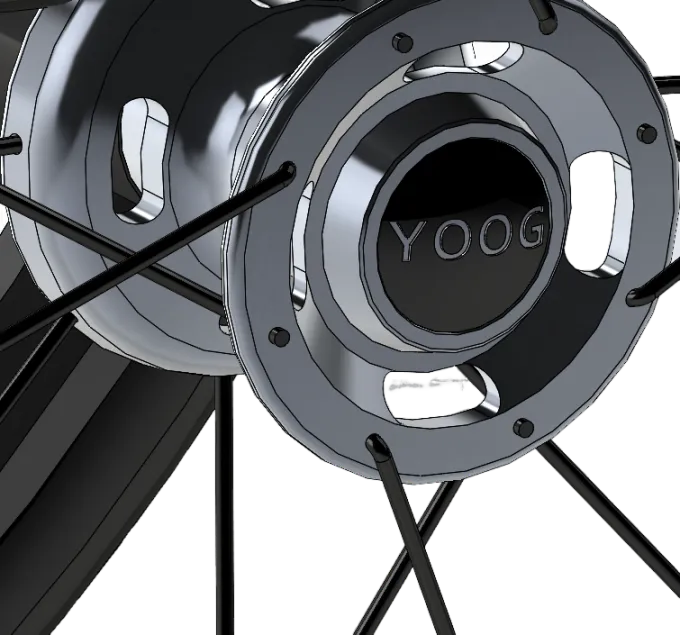 Rendu 3D du moyeu de roue du fauteuil Reborn, marqué YOOG