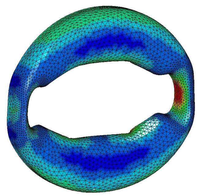 Simulation numérique des contraintes dans la pince SEAL, en couleurs du bleu au rouge